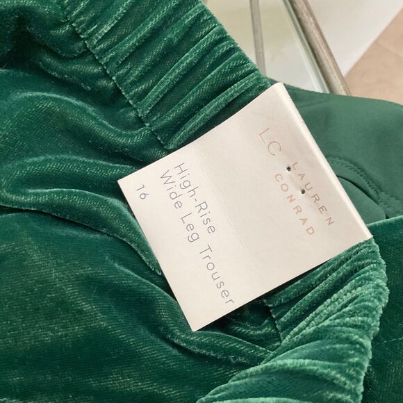 NWT LC Lauren Conrad Women's size 16 Emerald Green Velour wide Leg Trouser Pants - Picture 4 of 13
